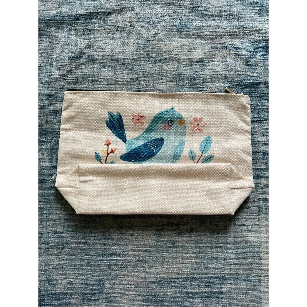 Blue Bird Pink Flowers Cotton Canvas Small Makeup Bag Travel Toiletry Pouch